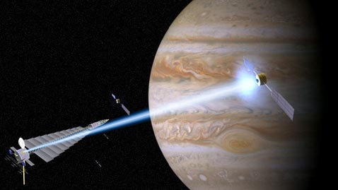 Так в представлении художника будет выглядеть плазменная станция (слева) вблизи Юпитера, разгоняющая корабль на пути к окраинам Солнечной системы (иллюстрация с сайта ess.washington.edu).